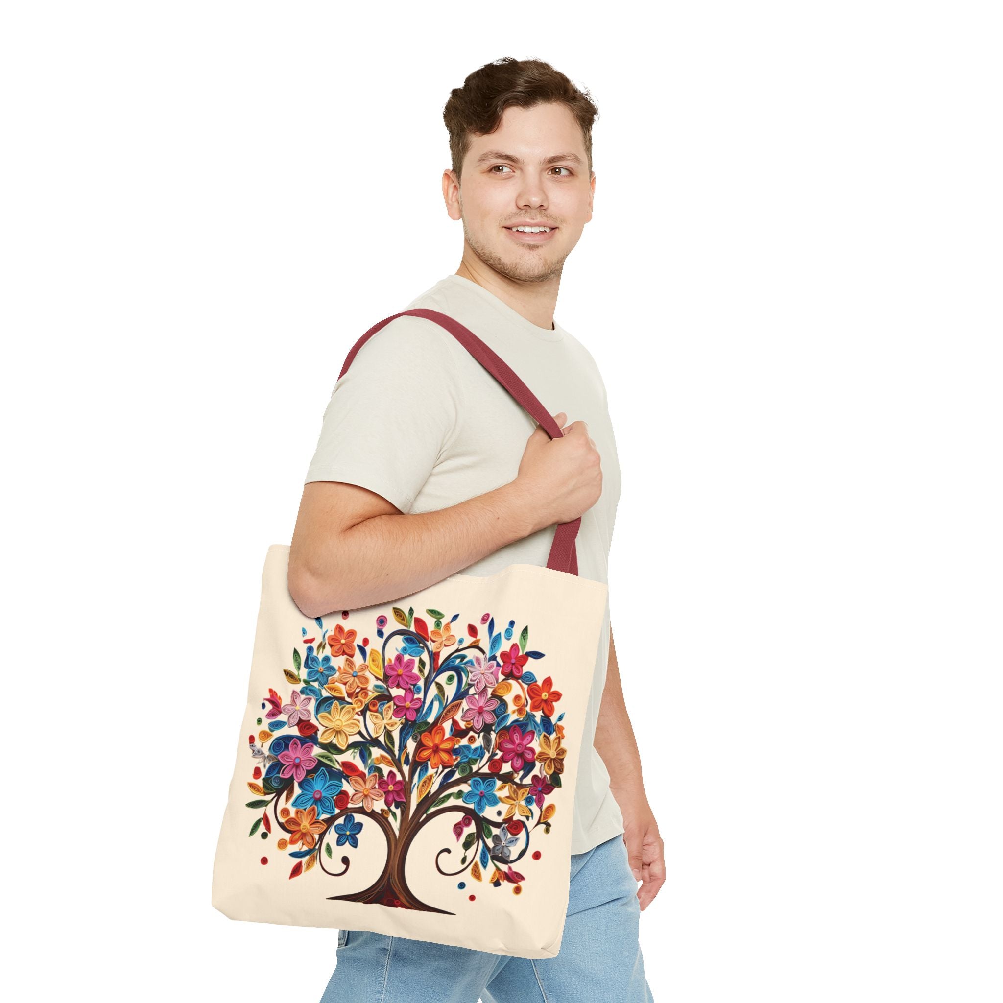 Colorful Floral Tree Polyester Tote Bag - Image 6
