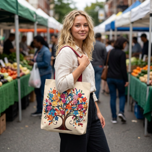 Colorful Floral Tree Polyester Tote Bag